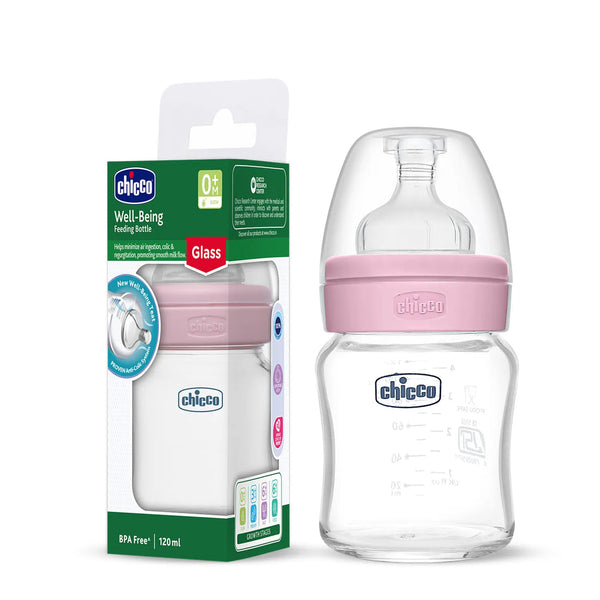 Chicco Well-Being Glass Feeding Bottle 120ml Slow Flow 0M+ – Pink