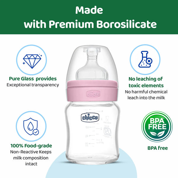 Chicco Well-Being Glass Feeding Bottle 120ml Slow Flow 0M+ – Pink