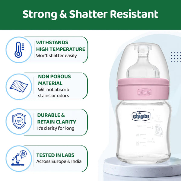Chicco Well-Being Glass Feeding Bottle 120ml Slow Flow 0M+ – Pink