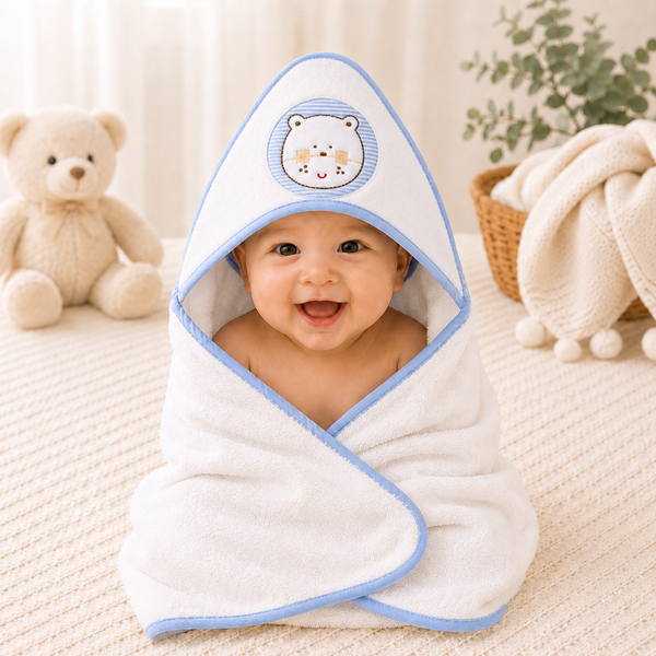 Babiano Teddy Bear Baby Hooded Towel – White & Sky Blue