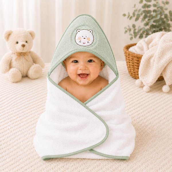 Babiano Teddy Bear Baby Hooded Towel – White & Sea Green