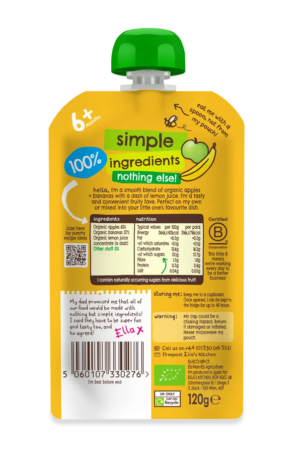 Ella’s Kitchen Organic Bananas & Apples Super Smooth Baby Puree Pouch – 6+ Months, 120g