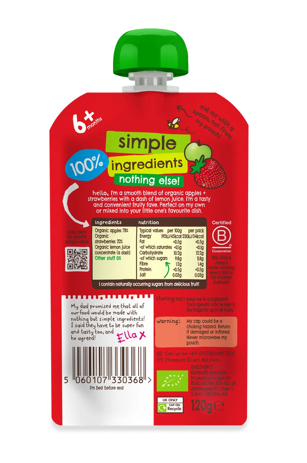 Ella’s Kitchen Organic Strawberries & Apples Baby Puree Pouch – 6+ Months, 120g