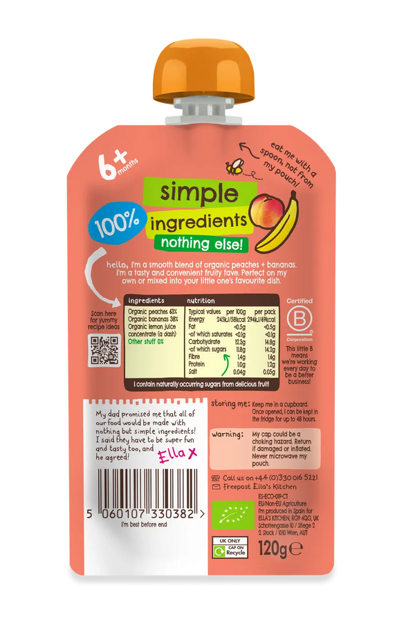Ella’s Kitchen Organic Peaches & Bananas Baby Puree Pouch – 6+ Months, 120g