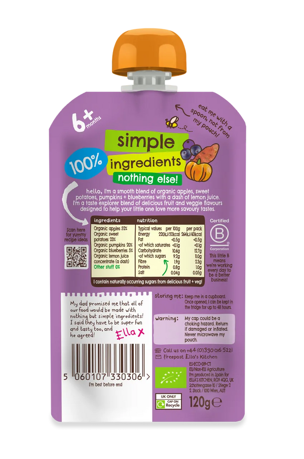 Ella’s Kitchen Organic Sweet Potatoes, Pumpkins, Apples & Blueberries Super Smooth Baby Puree Pouch – 6+ Months, 120g