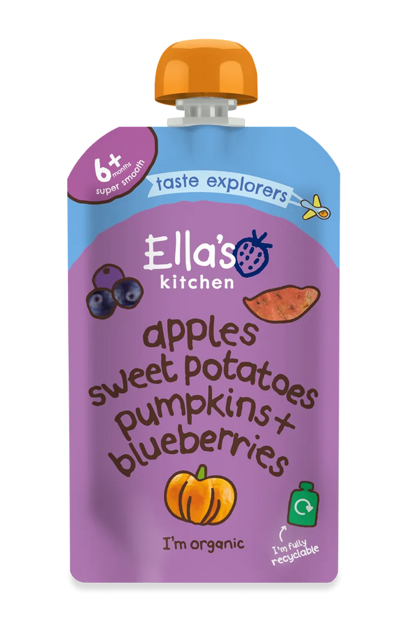 Ella’s Kitchen Organic Sweet Potatoes, Pumpkins, Apples & Blueberries Baby Puree Pouch – 6+ Months, 120g