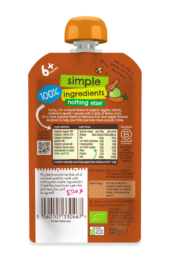 Ella’s Kitchen Organic Butternut Squash, Carrots, Apples & Prunes Baby Puree Pouch – 6+ Months, 120g