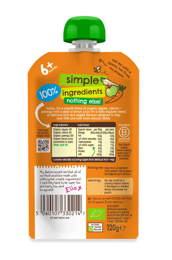 Ella’s Kitchen Organic Apples, Carrots & Parsnips Super Smooth Baby Puree Pouch – 6+ Months, 120g