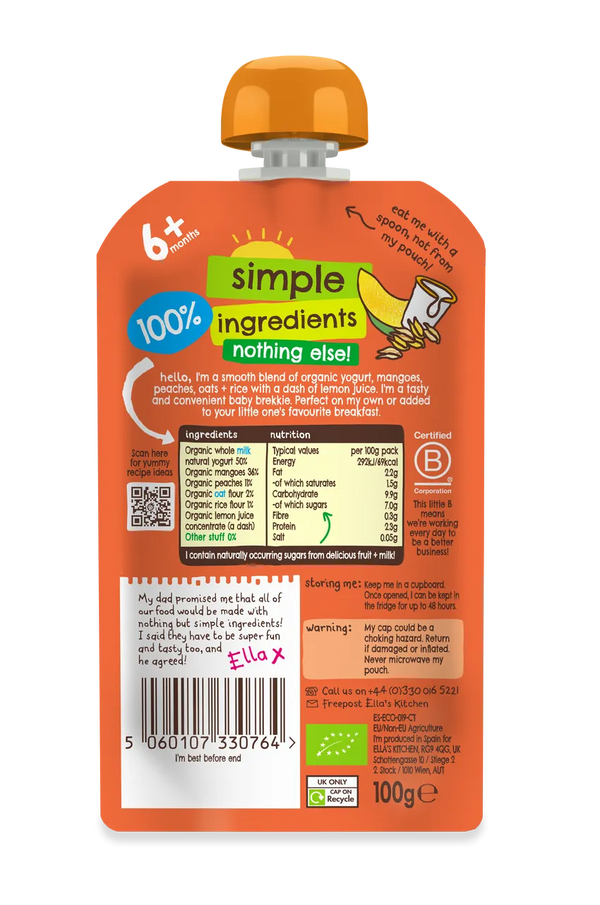 Ella’s Kitchen Organic Mango Baby Brekkie Super Smooth Puree Pouch – 6+ Months, 100g
