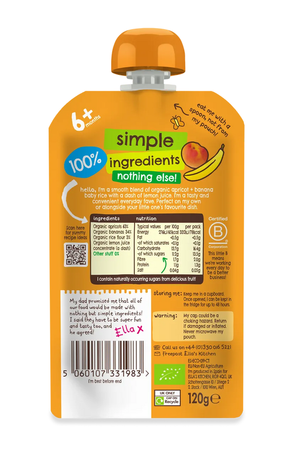 Ella’s Kitchen Organic Apricot & Banana Baby Rice Pouch – 6+ Months, 120g