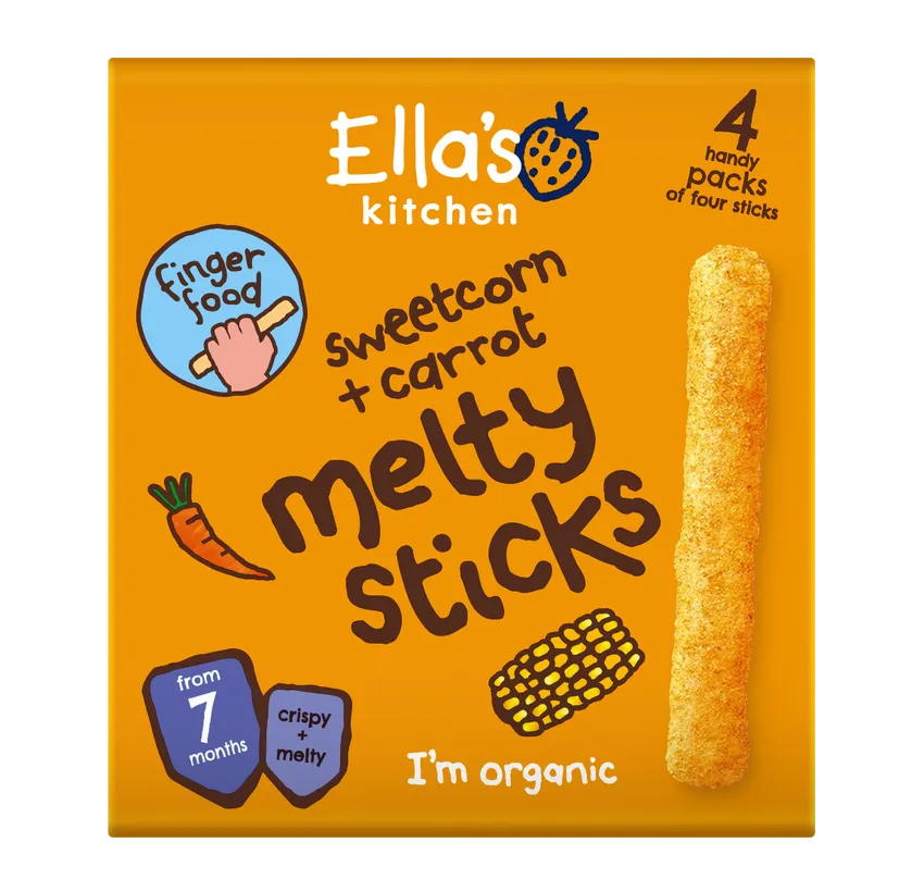 Ella’s Kitchen Organic Sweetcorn & Carrot Melty Sticks Multipack Baby Snack – 7+ Months, 4 x 6g