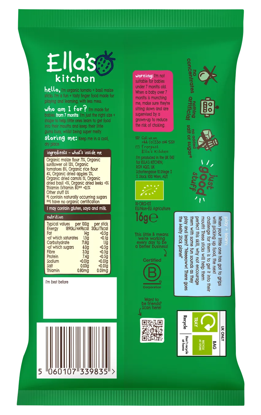 Ella’s Kitchen Organic Tomato & Basil Melty Sticks Baby Snack – 7+ Months, 16g