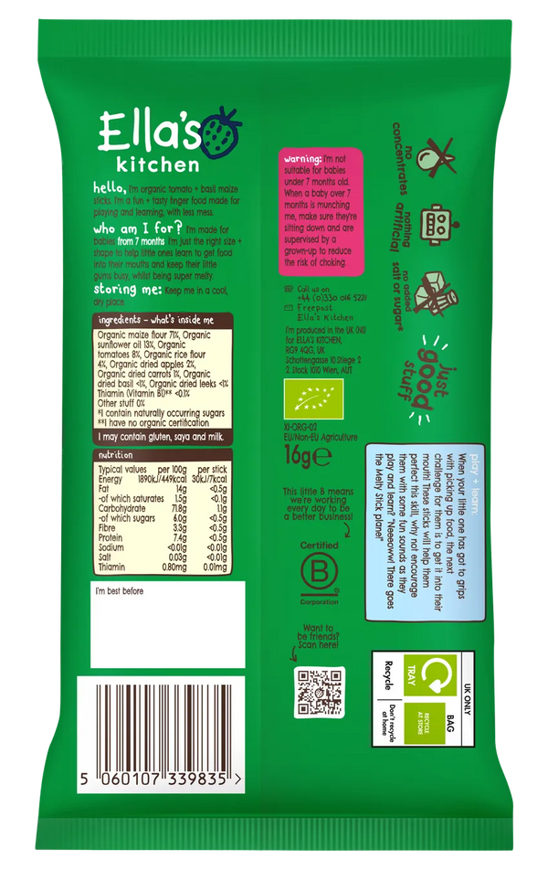 Ella’s Kitchen Organic Tomato & Basil Melty Sticks Baby Snack – 7+ Months, 16g