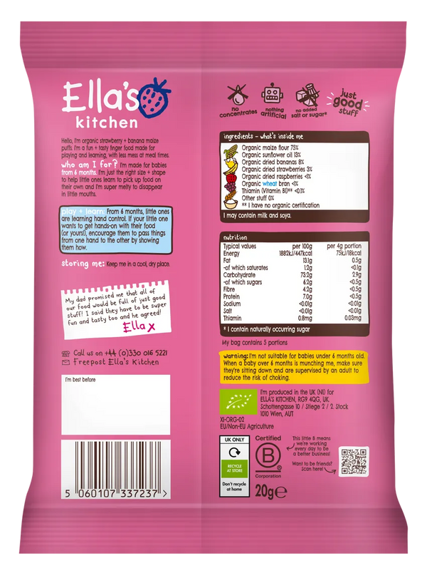 Ella’s Kitchen Organic Strawberry & Banana Melty Puffs Baby Snack – 6+ Months, 20g