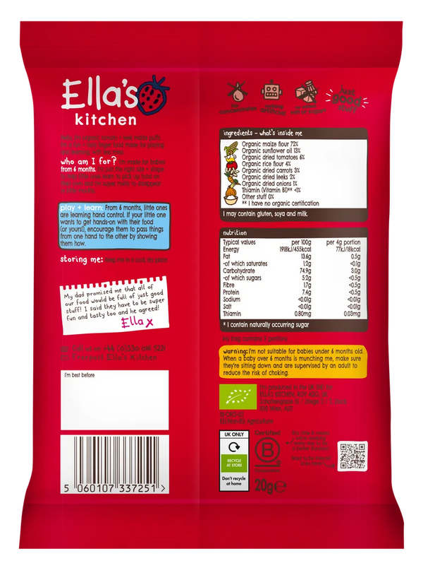 Ella’s Kitchen Organic Tomato & Leek Melty Puffs Baby Snack – 6+ Months, 20g
