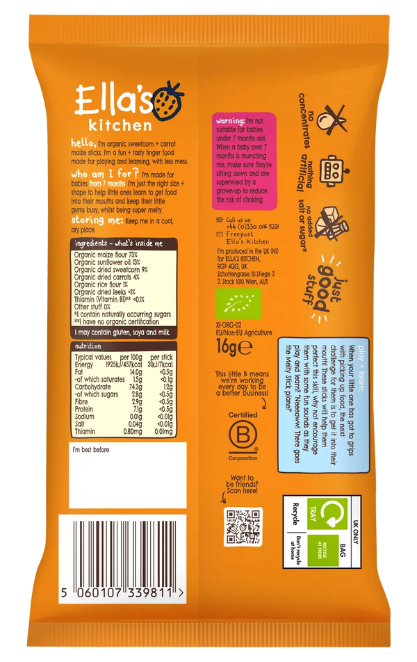 Ella’s Kitchen Organic Sweetcorn & Carrot Melty Sticks Baby Snack – 7+ Months, 16g