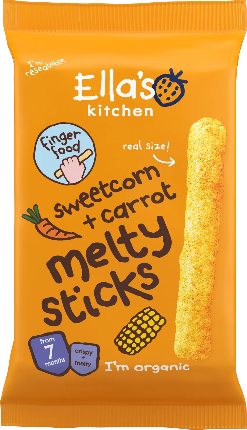 Ella’s Kitchen Organic Sweetcorn & Carrot Melty Sticks Baby Snack – 7+ Months, 16g