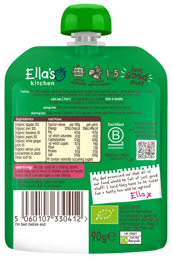 Ella’s Kitchen Organic The Green One Fruit Smoothie Pouch – 6+ Months, 90g