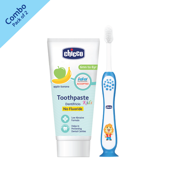 Chicco Combo- Toothbrush Blue Tooth Paste Apple Banana No Fluoride (6M-6Y) (50G)