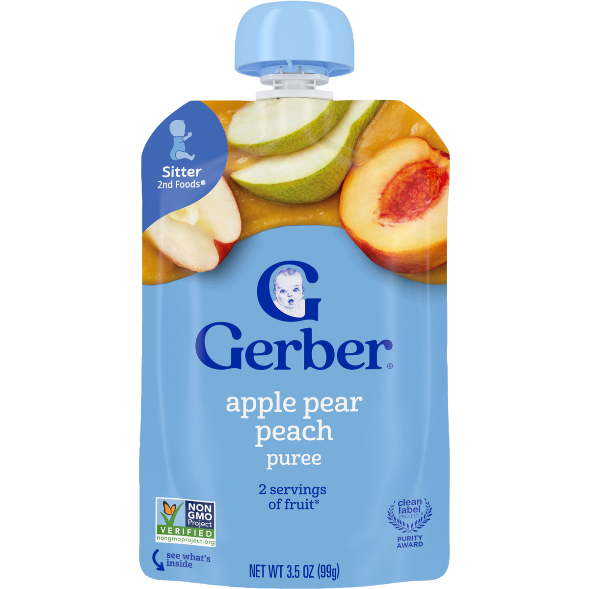 Gerber Apple Pear Peach Fruit Puree Baby Food Pouch – Stage 2, 3.5 oz (99g)