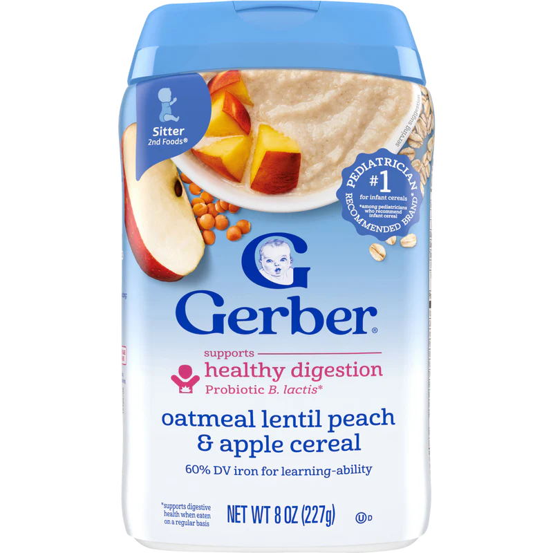 Gerber Powerblend Probiotic Cereal Oatmeal Lentil Peach Apple – 8+ Months
