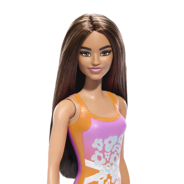 Barbie Beach Doll with Light Brown Hair & Tropical Swimsuit – Pink & Orange