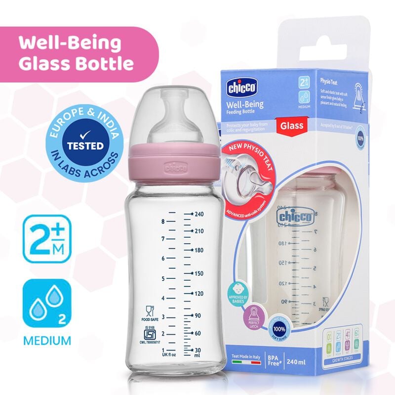 Chicco Well Being Glass Feeding Bottle 240 ml Medium Flow Pink