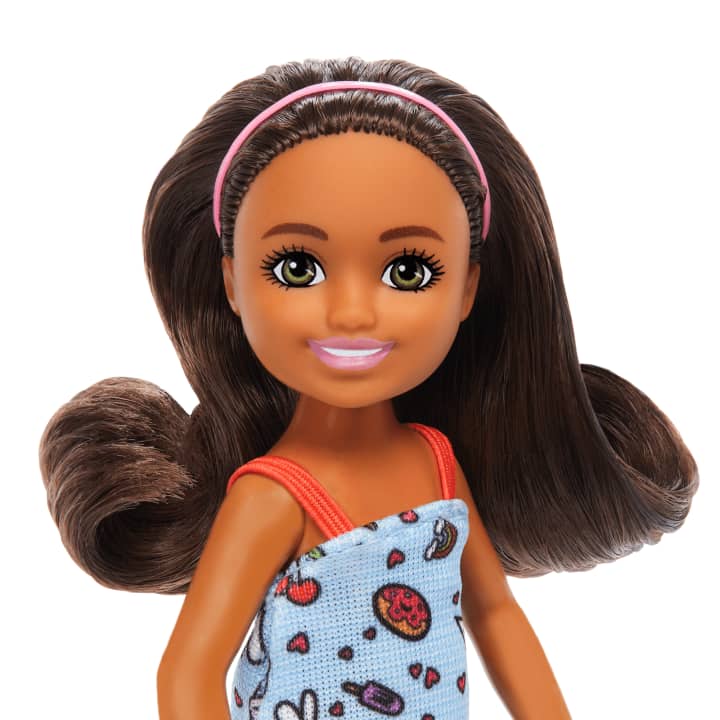 Barbie Chelsea Doll, Small Doll Blue Dress With Brown Hair & Green Eyes