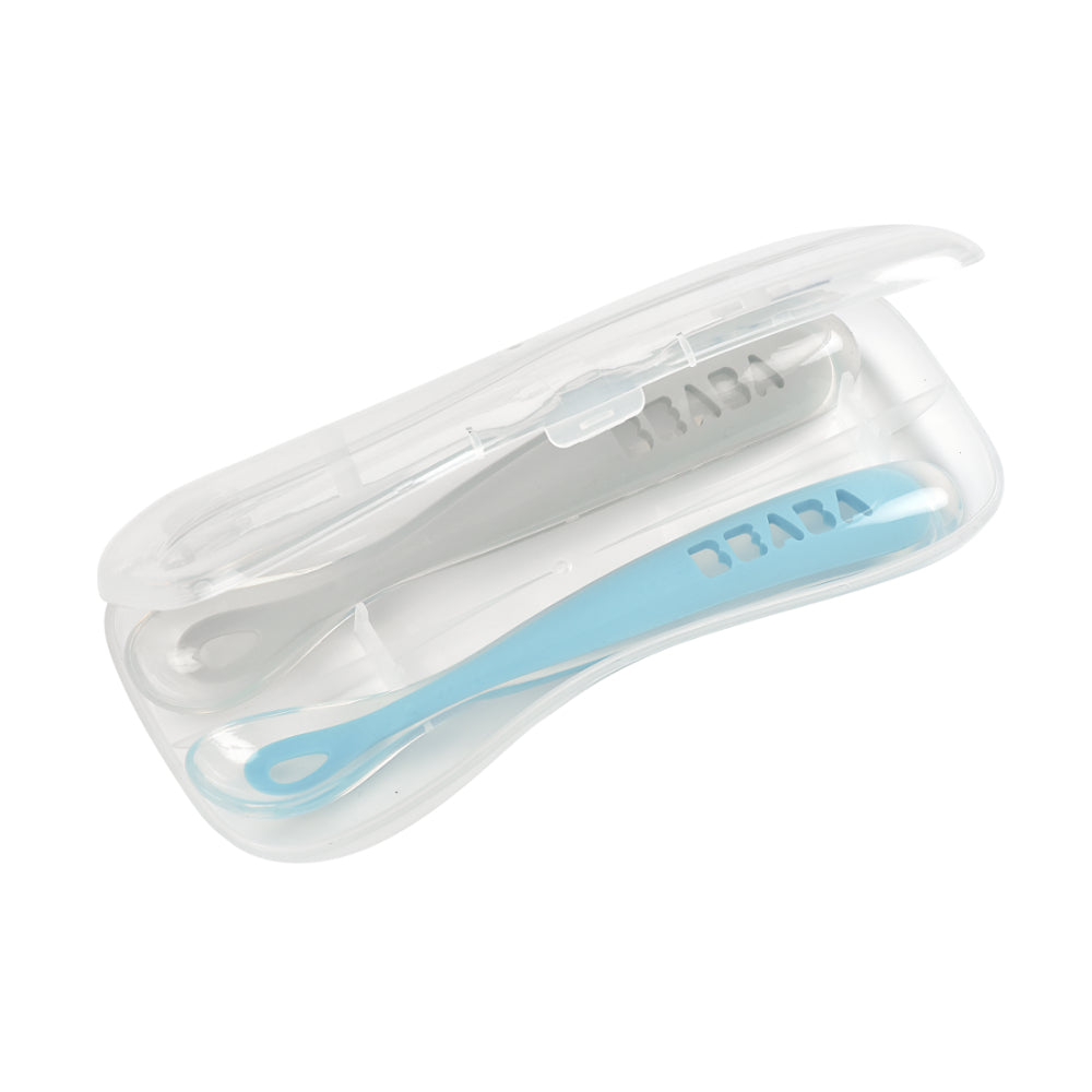 Béaba 1st Stage Silicone Baby Spoons with Storage Case – Set of 2 – Velvet Grey & Sage Green