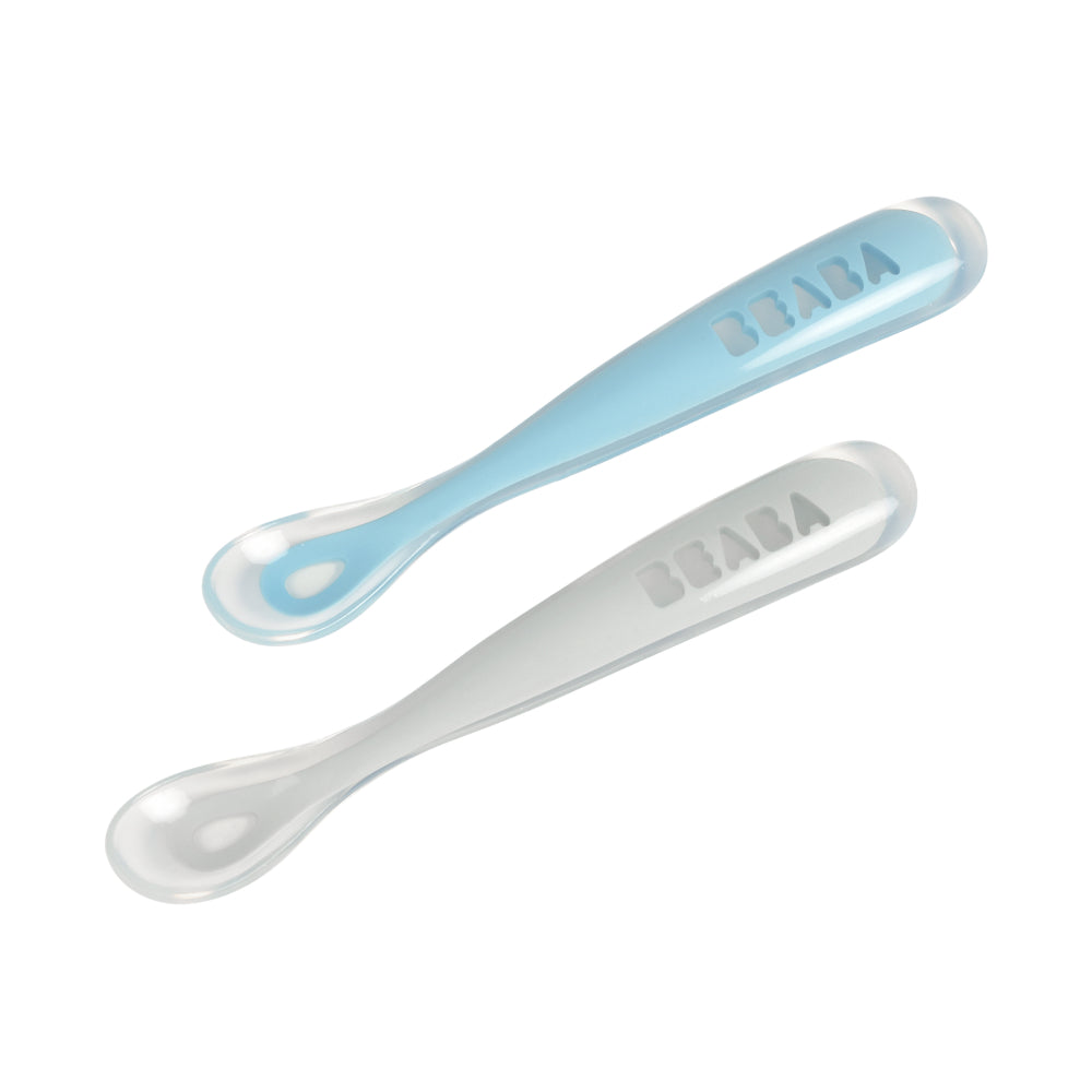 Béaba 1st Stage Silicone Baby Spoons with Storage Case – Set of 2 – Velvet Grey & Sage Green